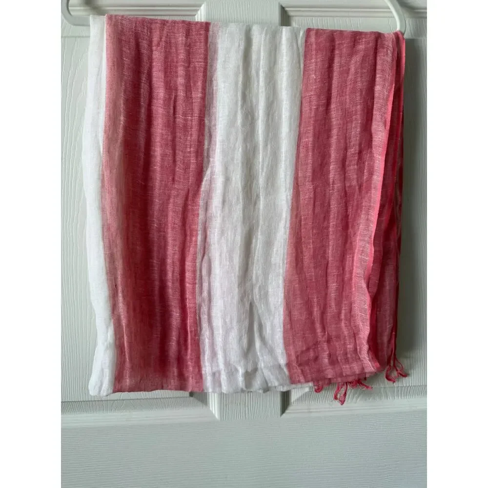 Jones New York Pink White Linen Stripe Wrap Shawl Fringe 72” x 36” Cruise Beach